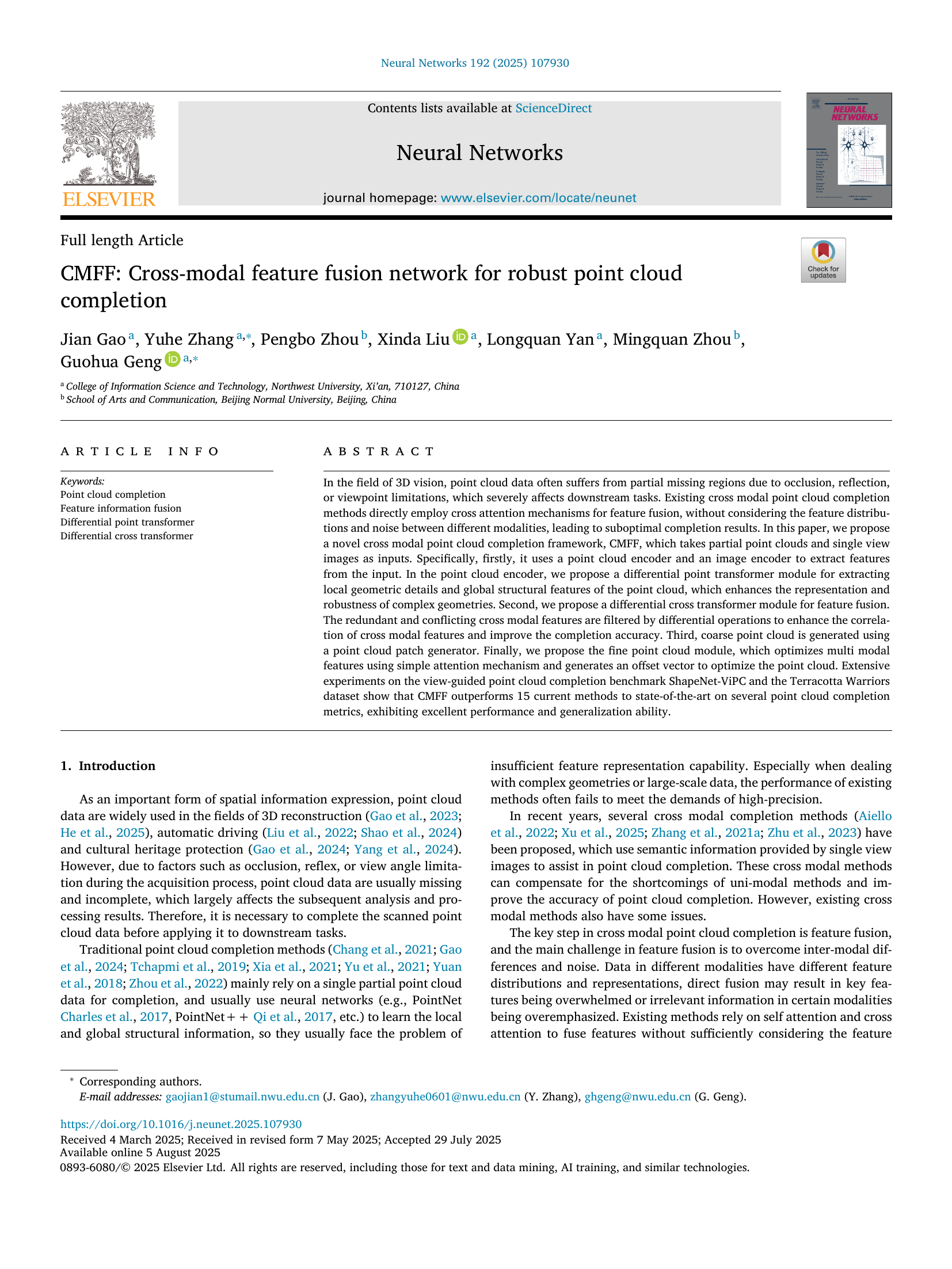 CMFF: Cross-modal feature fusion network for robust point cloud completion thumbnail