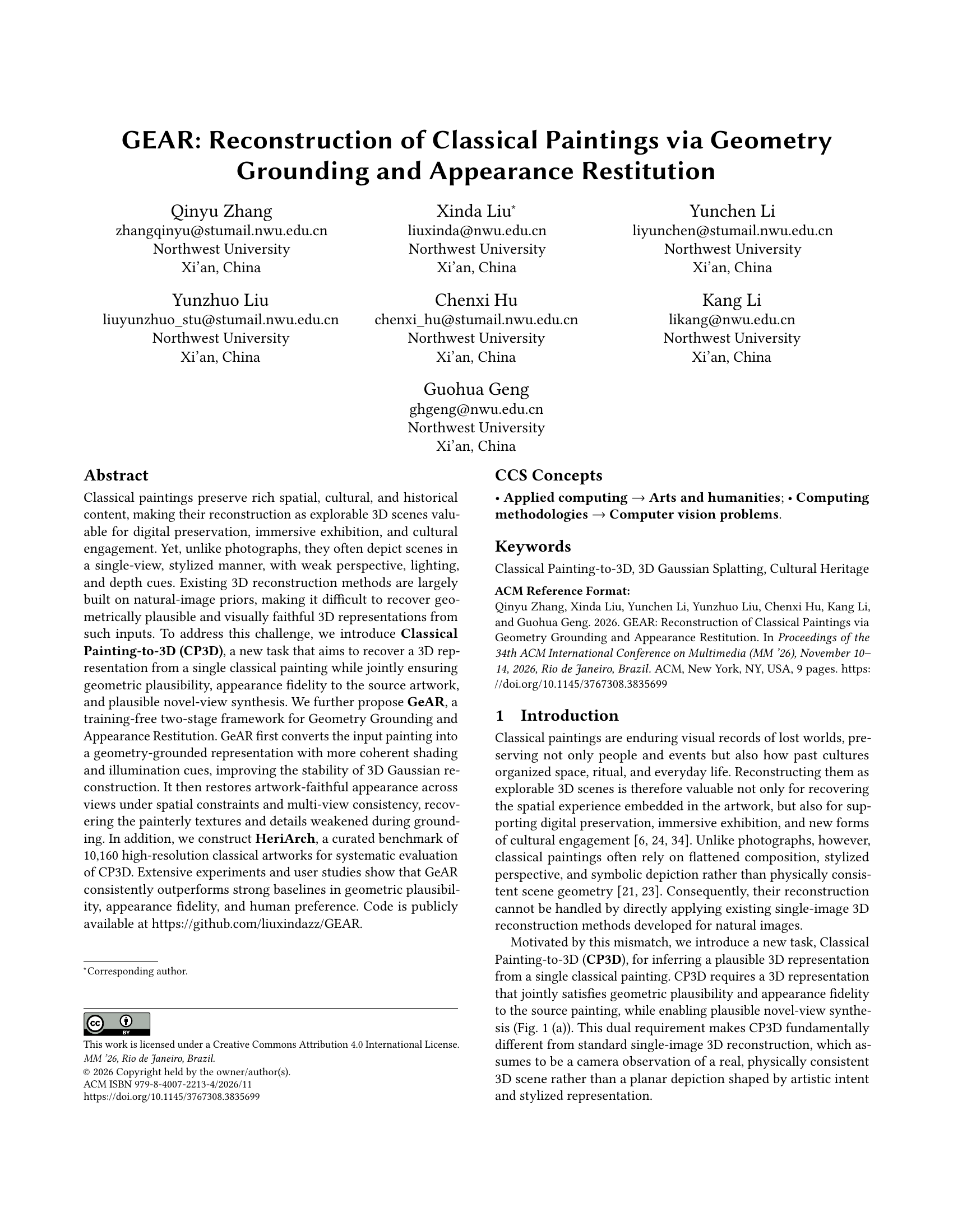 GEAR: Reconstruction of Classical Paintings via Geometry Grounding and Appearance Restitution thumbnail