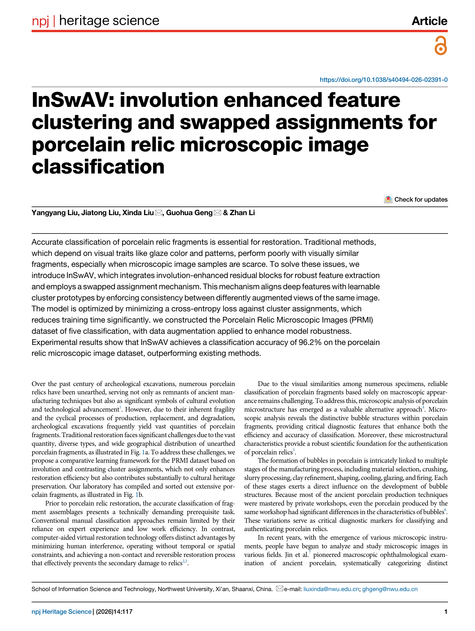 InSwAV: involution enhanced feature clustering and swapped assignments for porcelain relic microscopic image classification thumbnail