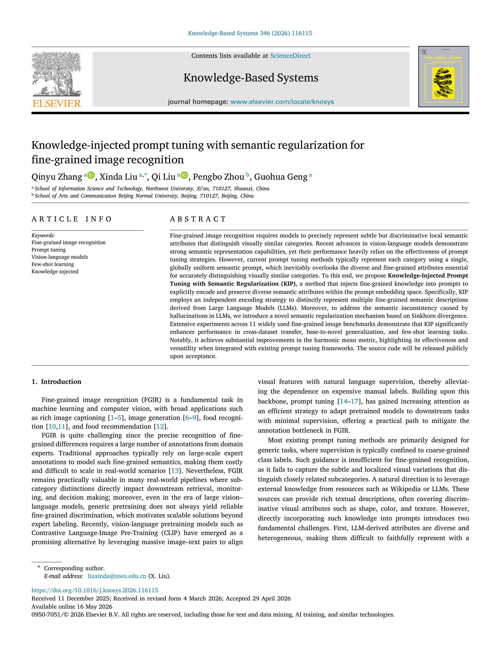 Knowledge-injected prompt tuning with semantic regularization for fine-grained image recognition thumbnail