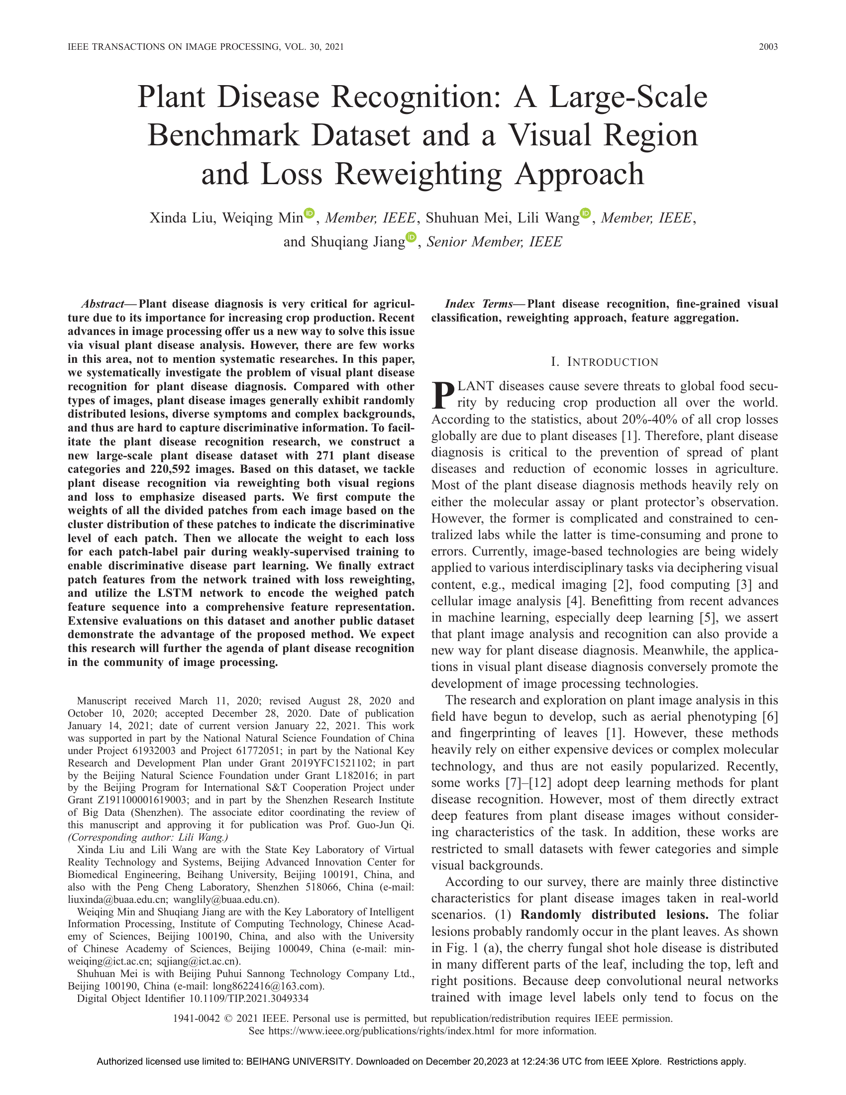 Plant disease recognition: A large-scale benchmark dataset and a visual region and loss reweighting approach thumbnail