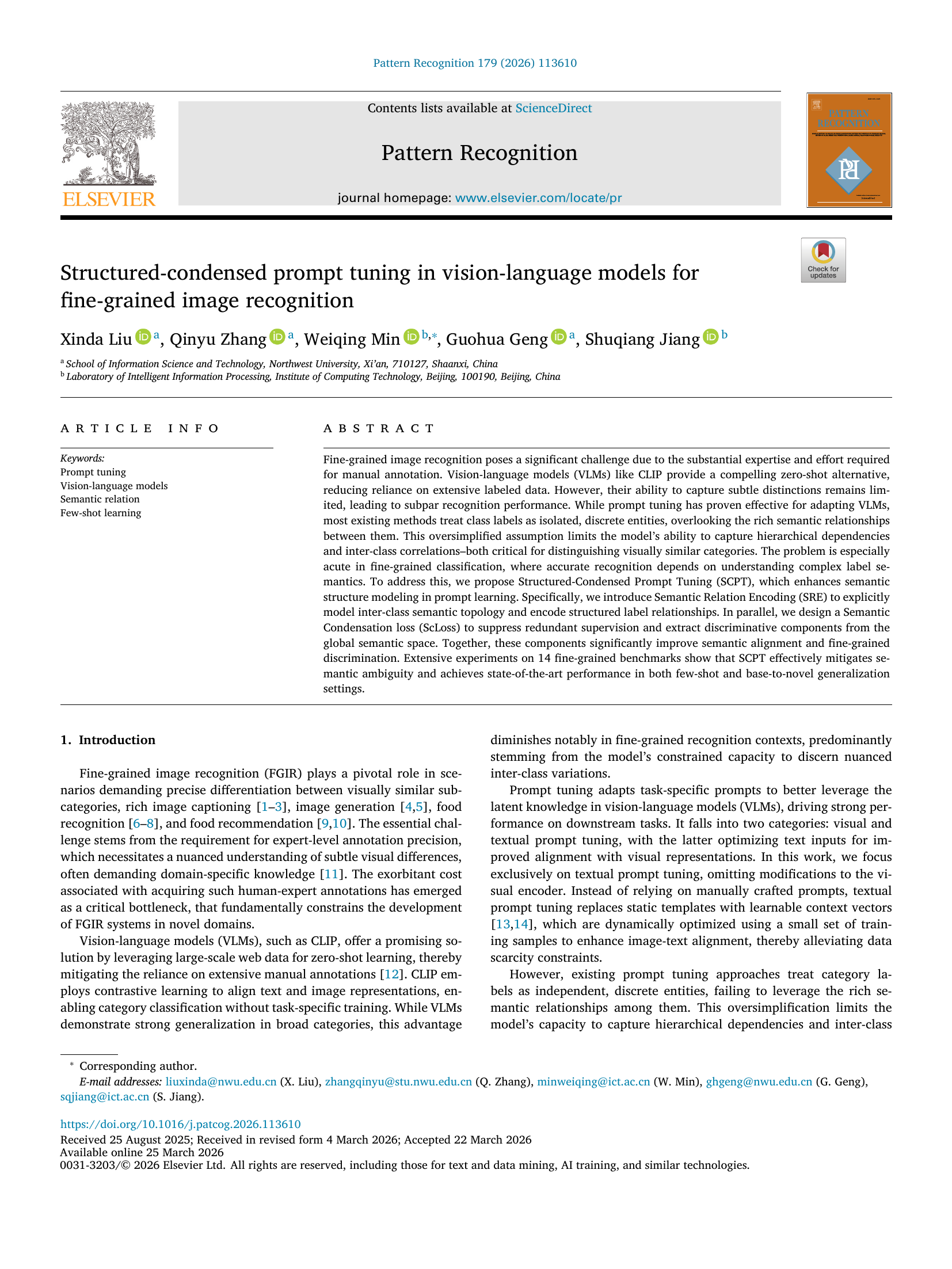 Structured-condensed prompt tuning in vision-language models for fine-grained image recognition thumbnail