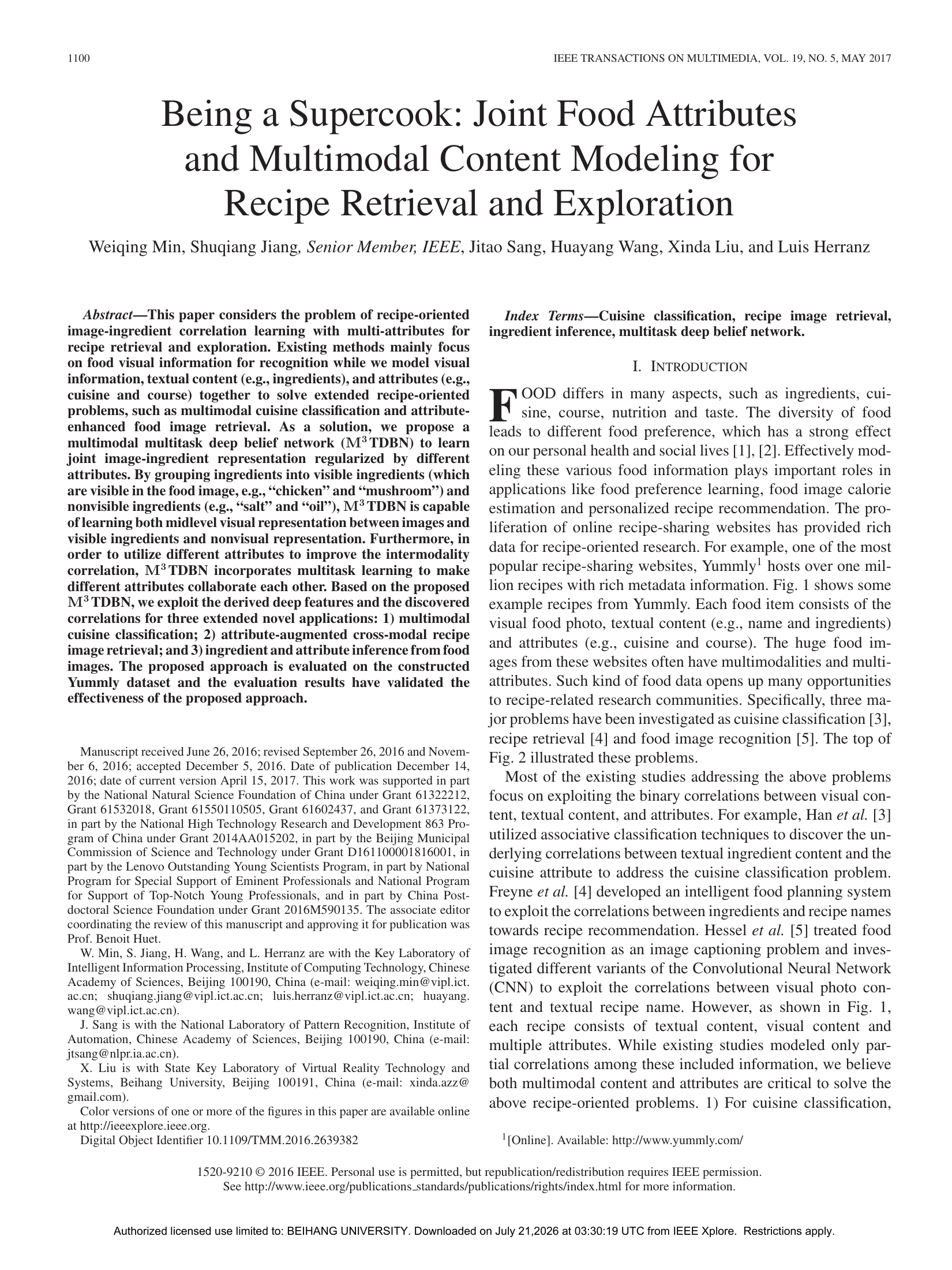 Being a supercook: Joint food attributes and multimodal content modeling for recipe retrieval and exploration thumbnail