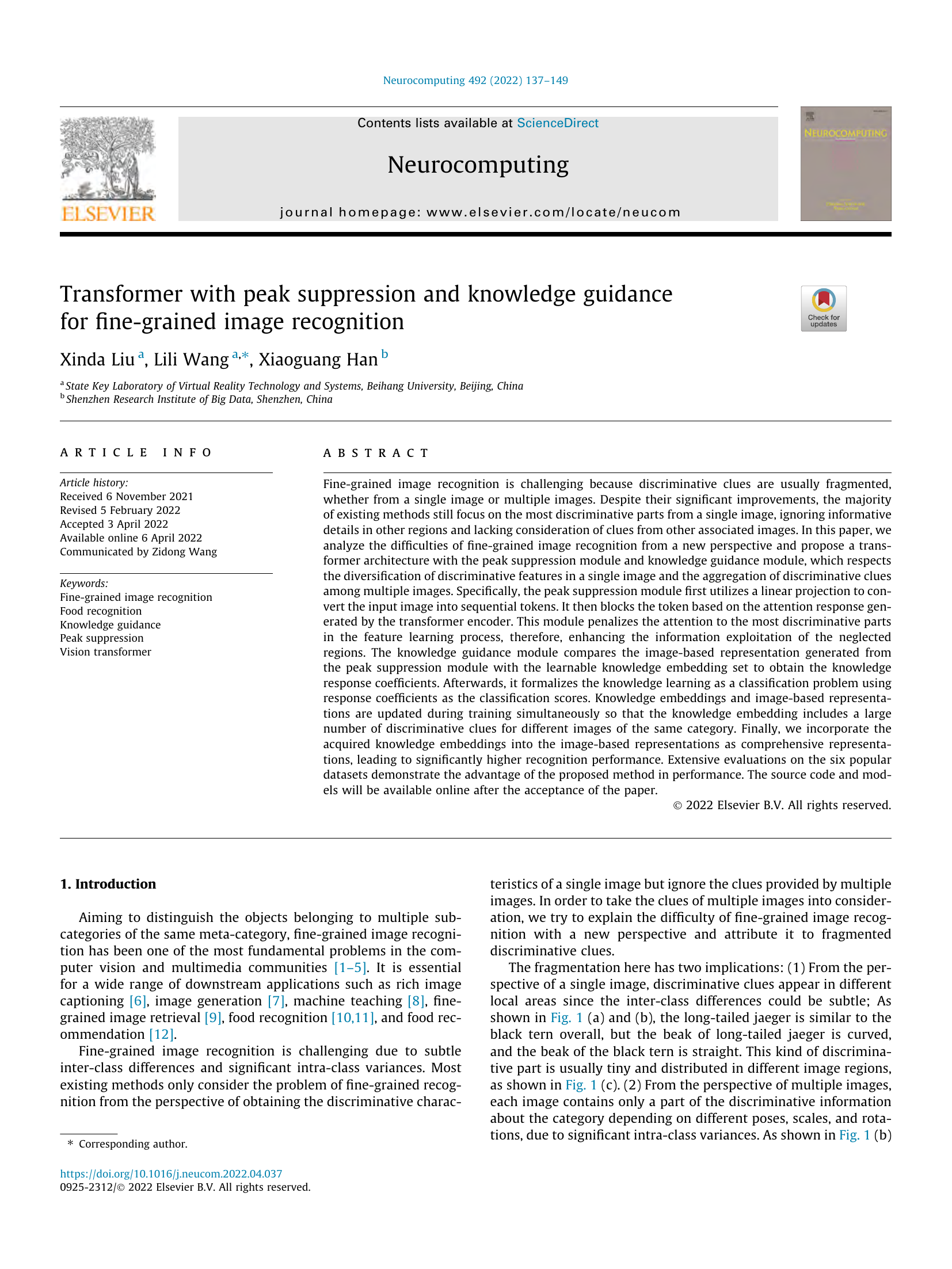 Transformer with peak suppression and knowledge guidance for fine-grained image recognition thumbnail